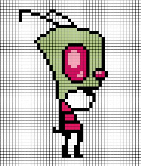 A pixel art template of the cartoon character Zim from Invader Zim stood thinking. Perler Bead Patterns Invader Zim, Invader Zim Alpha Pattern, Invader Zim Pixel Art Grid, Crochet Invader Zim, Invader Zim Perler Bead Patterns, Gir Pixel Art Invader Zim, Invader Zim Perler Beads, Invader Zim Pixel Art, Scene Pixel Art