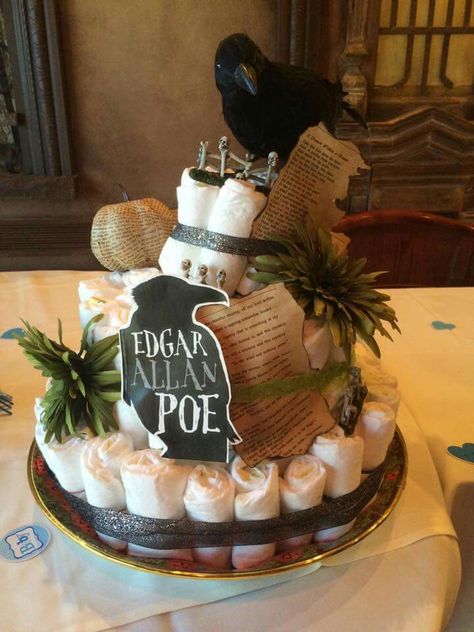 Super cool Edgar Allan Poe Diaper Cake!! Perfect for a literary fan expecting mama! Gothic Birthday Cakes, Gothic Birthday, Quoth The Raven, Allen Poe, Edgar Allen Poe, Baby Shower Diapers, Diaper Cakes, Edgar Allan, Edgar Allan Poe