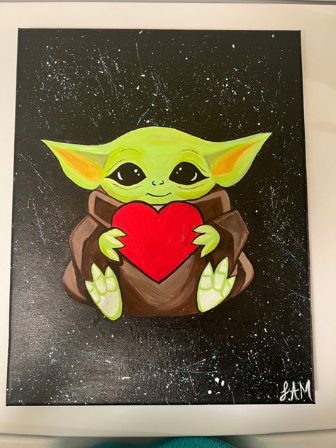 Acrylic painting on canvas #galaxy #babyyoda #canvasartpainting #paintingart #paintingforbeginners #acrylicartwork Yoda Canvas Painting, Star Wars Painting Easy, Baby Yoda Painting, Disney Paintings Easy, Yoda Painting, Star Wars Canvas Painting, Funny Painting Idea, Yoda Canvas, Acrylic Painting For Kids