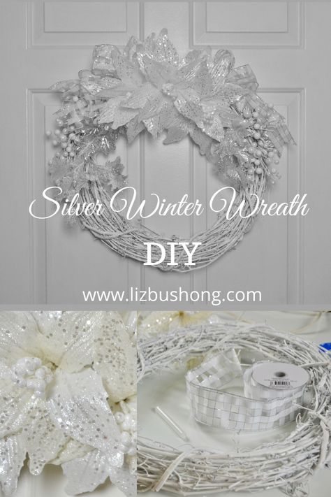 Easy Silver Winter Wreath DIY Project - Liz Bushong, grapevine wreath painted white with faux sparkling poinsettias, ribbon and berries. Black And White Table Settings, White Grapevine Wreath, Garden Craft Ideas, Black And White Table, Sparkle Paint, Floral Arrangements Centerpieces, White Table Settings, Winter Wreath Diy, Silver Wreath