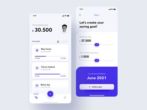 Hello Dribbblers! 👋  Dreams come true ✨ sometimes we just need to help them a little. Have you ever struggled with saving money? Once you set a specific goal it doesn’t have to be hard. I’d like to... Goal App, Ui Cards, Saving App, Ui Ux 디자인, Money Saving Apps, App Interface Design, Finance App, App Design Inspiration, Mobile App Ui