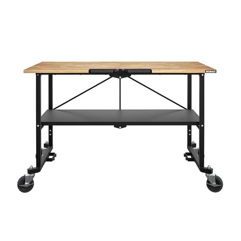 Take this folding portable workbench anywhere the work is. When your work is done, simply fold and store away. Made with industrial-strength steel, this utility table has a weight capacity of 400 pounds on the hard wood top shelf and 300 pounds on the bottom shelf. The four locking casters allow you to keep the workbench in place while you work. It folds in seconds, saving you time and storage space. With a large working surface and a place to store your tools, this versatile workbench is ready Workbench On Wheels, Portable Workbench, Folding Workbench, Stainless Steel Work Table, Work Benches, Butcher Block Top, Craft Desk, Grey Room, Work Bench