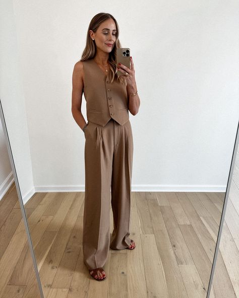 Fashion Jackson Wearing MAYSON the label camel vest, Camel wide leg trousers, Hermes Oran Gold Sandals, Business casual workwear outfit idea, camel outfit idea, camel vest outfit, camel trouser outfit, camel trousers office outfit Camel Suit Women, Camel Vest Outfit, Trousers Office Outfit, Sleeveless Blazer Outfit, Chic Jean Outfits, Camel Outfit, Workwear Outfits, Girl Goals, Outfit Office