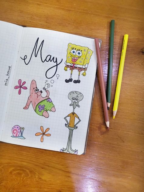 Spongebob Bullet Journal, Bujo May, Bujo Cover, Spongebob Patrick, Journal Notes, Bullet Journal Notes, Bullet Journal Themes, Bullet Journal Writing, Journal Themes