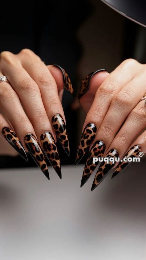 Black Outfit Nails, Long Cheetah Nails, Dark Leopard Nails, Leopard Nail Art Tutorial, Dark Cheetah Print Nails, Cheetah Print Christmas Nails, Stiletto Leopard Nails, Black Nails With Leopard Design, Cheetah Stiletto Nails