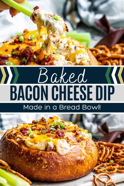 This Baked Bacon Cheese Dip is made in a bread bowl and served with pretzels and celery. Perfect appetizer for parties and game days! Bread Bowl Halloween, Hot Bread Bowl Dip, Bread Dip Appetizers, Hot Bacon Cheese Dip In Bread Bowl, Hot Bread Dip, Dips In A Bread Bowl, Dip In Bread Bowl Recipes, Maple Bacon Cheese Dip, Bread Bowl Dips Recipes