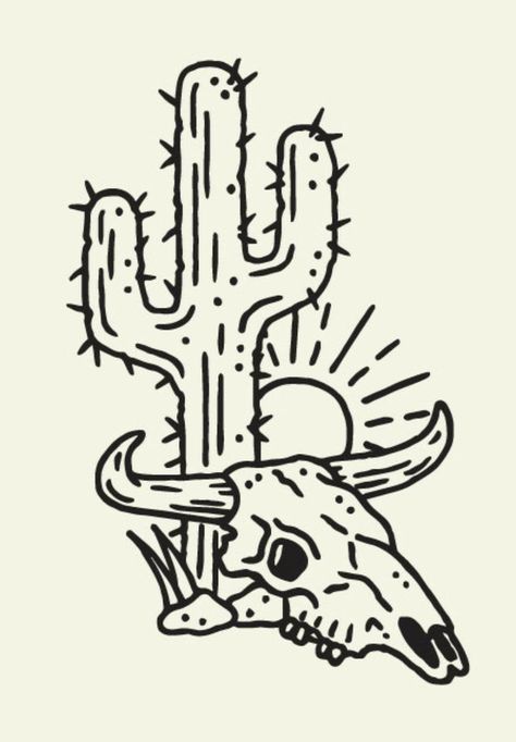 Basic American Traditional Tattoo, Western Aztec Tattoo, Pharmacy Doodles, Buffalo Drawing, Punchy Western Tattoos, Art Tattoo Design, Cowboy Tattoos, Cactus Tattoo, Western Tattoos