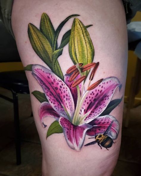 Color Lilly Tattoo, Stargazer Lily Tattoo Color, Lily Color Tattoo, Stargazer Lilly Tattoo, Color Lily Tattoo, Lilly Tattoo Color, Star Gazer Lily Tattoo, Stargazer Tattoo, Lilly Flower Tattoo