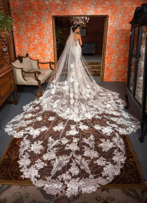 Lace Wedding Dress With Sleeves Long Train, Wedding Dress With Long Train And Veil, Wedding Dresses Lace Long Train, Extra Long Veil Wedding, Long Detailed Wedding Veil, Wedding Vale Long, Super Long Veil Wedding, Wedding Dresses Extravagant, Long Dramatic Wedding Veil