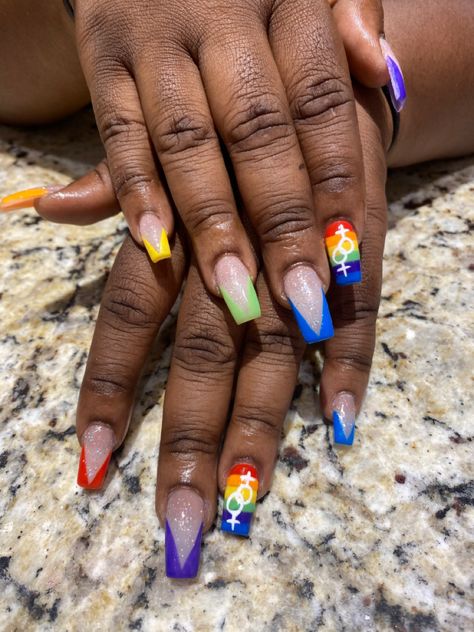 Pride Month Nails 2024, Pride Month Nail Ideas, Pride Pedicure, Pride Nails 2023, Gay Pride Nails Designs, Pride Nails Acrylic Coffin, Black Pride Nails, Pan Nails Pride, Lesbian Flag Nails