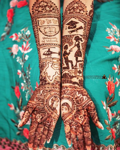 Mehandi like this one makes our heart skip a beat. A  beautiful love story inscribed on the bride's hands.  Photography: @sunnydhimanphotography⠀  #mehendi #mehendiphotos #mehendiceremony #mehendiideas #mehendioutfitideas #mehendidesign #mehendilove #mehendioutfit #mehndioutfit #mehndidress #mehendinight #mehendiartist #mehendiceremony #mehendidecor #bridalmehendi #mehendidesigns #mehendiinspire #dulhanmehendi #mehendijewellery #mehndilook #hennamehndi #mehndidesign #mehndidecor #mehndibride Love Story Mehendi Design, Green Mehendi Outfits, Pakistani Mehendi Outfits, Mehendi Outfits Bridal, Mehandi Tattoos, Mehendi Outfit Ideas, Indian Bridal Mehendi, Mehendi Jewellery, Sketches Love