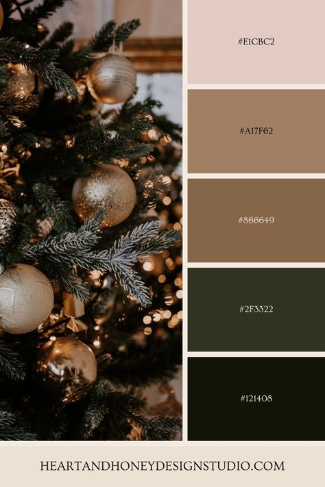 christmas inspired color palette - christmas tree decorated with gold ornaments and warm christmas lights Green And Bronze Christmas Decor, Color Theme For Christmas Tree, Family Christmas Color Schemes, Earthy Christmas Color Palette, Christmas Decorations Color Schemes, Color Pallet Christmas, Christmas Wedding Color Palette Colour Schemes, Christmas Palette Ideas, January Color Palette 2024