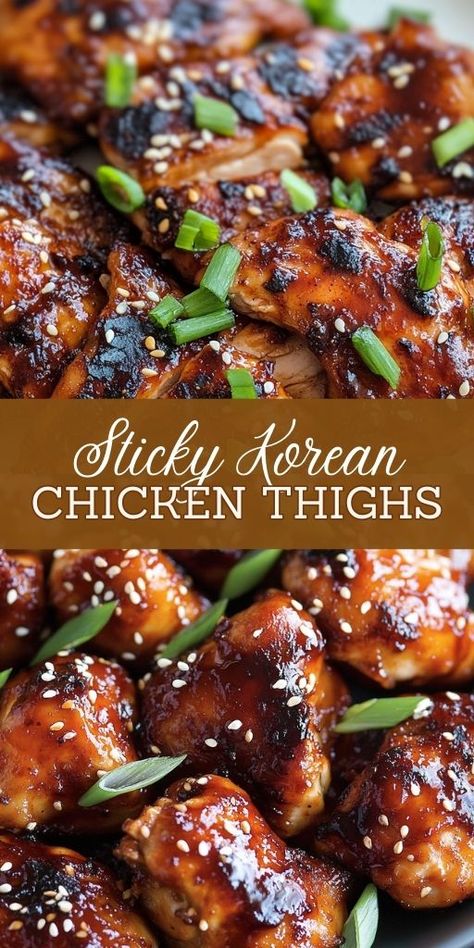 🍗 Ready in no time! These Sticky Korean Chicken Thighs are the ultimate blend of sweet and spicy. Perfect for weeknight dinners or impressing guests. Save this recipe and spice up your meal plan! 🌶️ #KoreanFood #QuickDinnerIdeas #AsianCuisine #ChickenRecipes 🥢 Korean Chicken Legs Recipe, Korean Chicken Bites, Hi Ken Thigh Recipes, Spicy Chicken Thigh Recipes, Chicken Thigh Recipes Asian, Chicken Thigh Ideas, Korean Bbq Chicken Thighs, Chinese Chicken Thigh Recipes, Korean Chicken Marinade