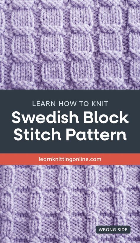 Looking for a reversible knit stitch pattern? Try this easy Swedish Block Stitch Pattern that will add drastic texture and interest to your knitting project. Perfect for knitted dishcloths and afghans, this free knit stitch pattern is ideal for beginners since it only requires knit and purl stitches.| Discover more free knit stitch patterns at learnknittingonline.com #knittingforbeginners #knitstitchpatternideas Knit Stitch Patterns Cables, Knit Stitch Patterns Free, Easy Blanket Knitting Patterns, Knitted Dishcloth Patterns Free, Knitted Dishcloths, Knit Afghan Patterns, Block Stitch, Dishcloth Patterns Free, Knit Purl Stitches