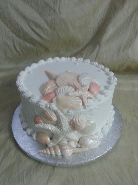 The Cakebox Bahamas:  Single tier buttercream finished, beach themed cake, with fondant shells. Beachy Cake, Fondant Shells, Coquette Birthday Party, Summer Birthday Cake, Beach Birthday Cake, Beach Theme Birthday, Seashell Cake, Coquette Birthday, Bolo Vintage