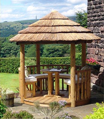 Nipa Hut Gazebo, Small Garden Gazebo, Bamboo Gazebo, Arbour Ideas, Thatched Gazebo, Thatch Roof Cottage, African Thatched House, Circular Bamboo Structure, Small Gazebo