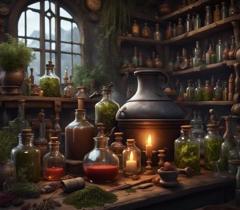 Alchemy Table, Alchemist Lab Concept Art, Alchemist Supplies Dnd, Alchemy Lab Concept Art, Dungeon Alchemist Map, Fantasy Alchemy Lab, Speaking In Tongues, Harvesting Herbs, Types Of Herbs