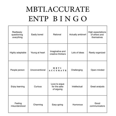 Entp Bingo, Infp Bingo, Estj Enfp, Istp Infj, Intp Istj, Infj Intj, Free Personality Test, Mbti Test, Intj Personality