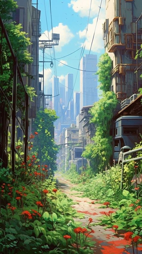 Overgrown City Painting, Overgrown Futuristic City, Apocalypse City Drawing, Overgrown Cyberpunk City, Solarpunk Apocalypse, Overgrown City Art, Overgrown City Aesthetic, Solar Punk Minecraft, Solarpunk Wallpaper