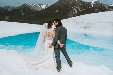 bride and groom on a glacier with blue water and mountains Wedding In Alaska, Glacier Wedding Photos, Alaskan Wedding Elopements, Alaska Couples Photography, Glacier Wedding, Alaskan Wedding, Best Wedding Vows, Wedding Vows Examples, Glacier Elopement Alaska