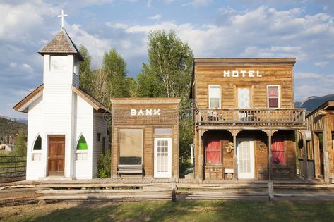 Western storefronts with church royalty free stock photography Western Backyard, Western Village, Pioneer Town, Ridgway Colorado, Town Illustration, Cowboy Town, Old Western Towns, Old West Town, Farm Town