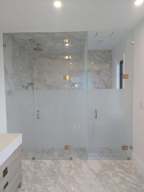 Shower Door Privacy, Shower Privacy, Frameless Glass Shower Doors, Satin Brass Hardware, Glass Shower Doors Frameless, Frameless Sliding Shower Doors, Glass Shower Enclosures, Water Closet, Small Bathroom Makeover