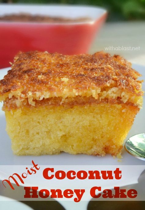 A MUST have recipe ! Quick, easy Coconut Honey Cake, with a divine topping, to enjoy in under an hour or slightly longer if serving cold Honey Cake Recipe, Cupcake Cake, Diy Easy Recipes, Honey Cake, Honey Recipes, Coconut Recipes, Easy Cake Recipes, Food Cakes, Homemade Cakes