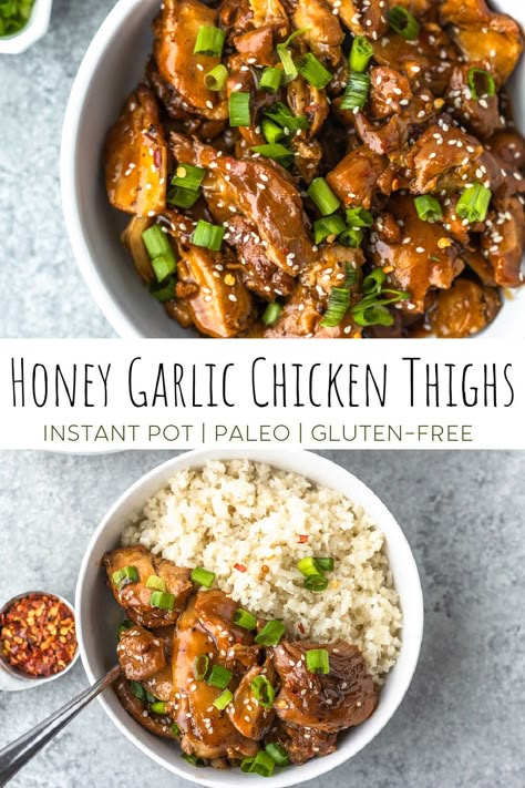 Paleo Chicken Thighs, Instant Pot Honey Garlic Chicken, Garlic Chicken Thighs, Honey Garlic Chicken Thighs, Crockpot Chicken Thighs, Paleo Chicken Recipes, Honey Garlic Sauce, Summer Meals, Bowl Recipes