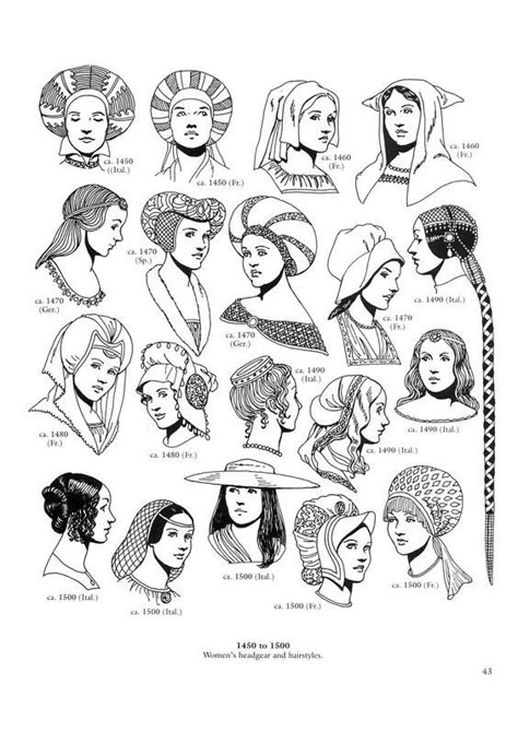 15th Century Hairstyles, Reformation History, 1400s Fashion, Golden Castle, Medieval Hats, Historical Hats, Tom Tierney, Fashion Coloring Book, Medieval Woman