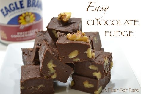 You won't find a quicker, easier way to make the perfect fudge than with this recipe from Eagle Brand. So creamy, with just the right amount of sweetness. I like to add walnuts for that added crunc... Eagle Brand Fudge Recipe, Eagle Brand Fudge, Chocolate Walnut Fudge Recipe, Chocolate Fudge Recipes Easy, Walnut Fudge Recipe, Peanut Butter Blossoms Recipe, Chocolate Walnut Fudge, Chocolate Peanut Butter Recipes, Easy Chocolate Fudge