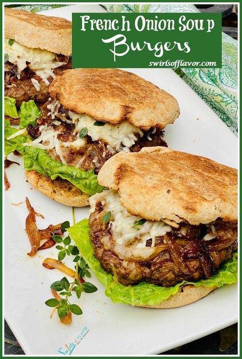 If you love French onion soup, then you will love our French Onion Burger! Seasoned burgers are topped with caramelized sweet onions and melted Asiago cheese. Served on a toasted and buttered English muffin, every bite will remind you of a bowl of onion soup. #grilling #swirlsofflavor #hamburger #groundbeef #burger #onions French Onion Turkey Burgers, Burger Onions, Onion Soup Burgers, French Onion Burger, Cheeseburger Recipes Homemade, Veg Breakfast, Onion Burgers, Vegetarian Burger Recipe, Field Meals