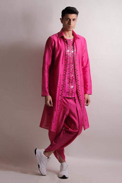 Buy Pink Silk Chanderi Embroidered Mirror Work Nihaar Kurta And Dhoti Pant Set For Men by Jubinav Chadha Online at Aza Fashions. Dhoti Kurta For Men, Jatin Malik, Layered Kurta, Gents Kurta Design, Gents Kurta, Kurta For Men, Rohit Bal, Dhoti Pants, Men Kurta