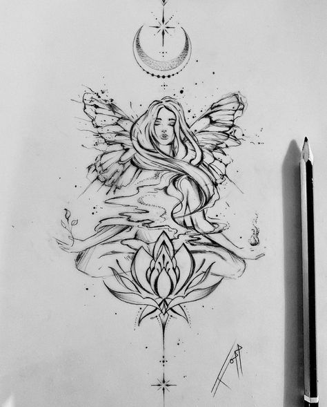 Lotus And Lion Tattoo, Air Goddess Tattoo, Butterfly Goddess Tattoo, Fairy Nature Tattoo, Goddess Leg Tattoo, Pices Tattoo Women, Fire Goddess Tattoo, Mystical Tattoos For Women Sleeve, Goddess Artwork Divine Feminine