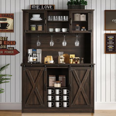 PRICES MAY VARY. 【Large 72” Coffee Bar】:With storage above and below the coffee bar cabinet, 2 glass doors above and 2 sliding doors and a spacious countertop below, a combination of open and closed storage is available to meet your varying needs, providing large storage space while helping you find items easily. 【Classic Barn Door Design】:2 sliding barn doors with classic black metal pieces create a classic rustic ambiance, and oak-colored countertops with original oak grain bring an exclusive Colored Countertops, Tall Hutch, Coffee Bar Hutch, Bar Hutch, White Hutch, Coffee Cabinet, Coffee Bar Cabinet, Farmhouse Coffee Bar, Hutch Cabinet