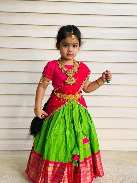 Cute little girl green and pink combination pattu lehenga Baby Girl Traditional Dress Indian, Baby Girl Langa Blouse Designs, Kids Lehenga Blouse Designs, Lehenga For Baby Girl, Baby Girl Pattu Langa Designs, Kids Pattu Langa Designs, Pattu Langa For Kids, Pattu Lehenga For Kids, Langa Blouse For Kids