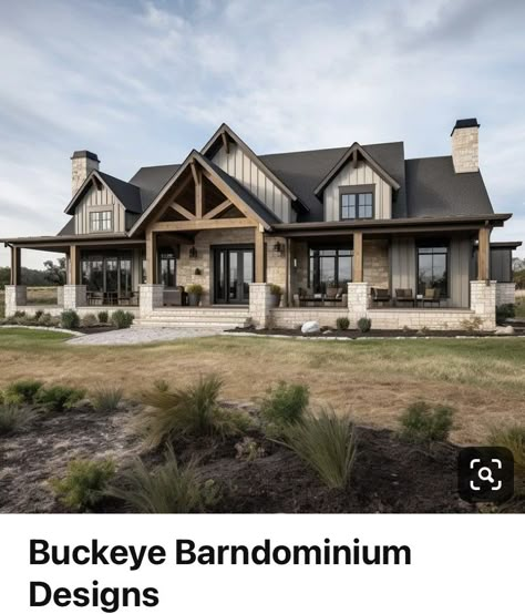 Dream Home Exteriors Modern Farmhouse, Exterior Stone House, House Design With Big Windows, Farm Style Barndominium, Outdoor House Design, Beige And Black Home Exterior, Dark Rustic House Exterior, Dark Exterior House Colors Ranch, Rustic Farmhouse Exterior Ranch Style