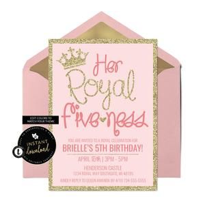 Royal Fiveness, Royal Princess Birthday, 5th Birthday Invitation, Birthday Invitation Princess, Princess Party Invitations, Princess Birthday Party Decorations, Princess Theme Birthday, Princess Theme Birthday Party, 5th Birthday Party Ideas