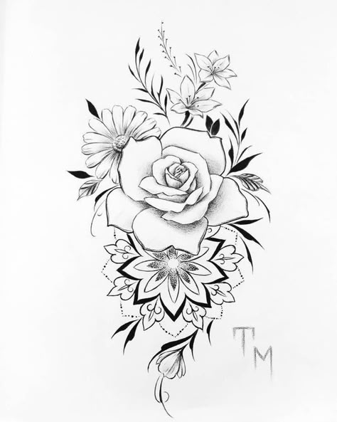 Tropisches Tattoo, Single Rose Tattoos, Mandala Flower Tattoos, Family Tattoo Designs, Beautiful Flower Tattoos, Muster Tattoos, Floral Tattoo Sleeve, Floral Tattoo Design, Pin Up Tattoos