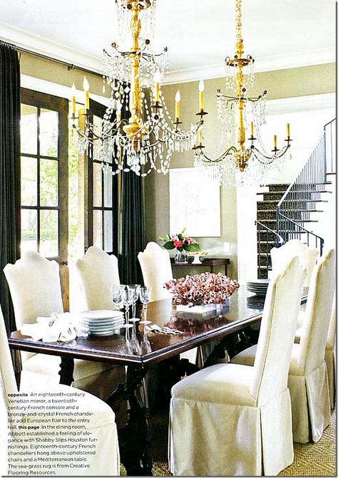 Elegant Dining Room Dining Room Decor Traditional, Western Interior, Stained Doors, Traditional Dining Rooms, Dining Chandelier, Chair Slipcover, Beautiful Dining Rooms, Elegant Dining Room, Dining Room Inspiration