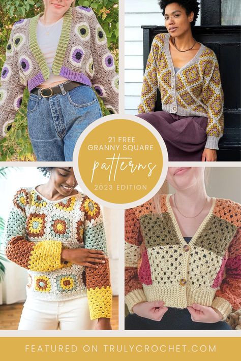 Crochet these stylish sweaters to bohemian Summer tops and chic cardigans with these 21 free granny square clothing patterns – 2023 edition. Dive into the art of crochet and transform simple granny squares into trendy wardrobe staples. Unleash your imagination, experiment with color combinations, and embark on a journey of self-expression as you crochet your way to a wardrobe filled with unique, handmade garments. How Many Granny Squares For A Cardigan, Grandma Square Crochet Cardigan, Crochet Tops Free Patterns Granny Square, Granny Square Shirt Pattern Free, Granny Square Crochet Sweater Pattern, Granny Square Crochet Clothes, Granny Square Sweater Pattern Free, Granny Square Cardigan Pattern Free, Granny Square Top Pattern