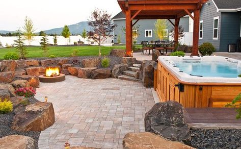 Patio With Hot Tub And Fire Pit – Patio Hot Tub Design And Installation In Spokane & Coeur D’Alene - davidreed.co Patio Hot Tub Fire Pit, Outdoor Kitchen Patio With Hot Tub, Outdoor Patio With Hot Tub And Fire Pit, Backyard Design With Hot Tub And Fire Pit, Patio With Fire Pit And Hot Tub, Outdoor Kitchen With Hot Tub, Hot Tub Hardscaping, Backyard With Fire Pit And Hot Tub, Backyard With Jacuzzi And Fire Pit