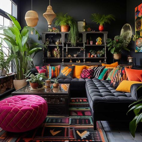 3+ Transformative Black Sofa Living Room Themes for Every Home • 333+ Images • [ArtFacade] Multi Colored Living Room Ideas, Theme Rooms Ideas, Black Colorful Living Room, Black Couch Maximalist, Black And Rainbow Living Room, Black Couch With Colorful Pillows, Colorful Living Room Black Couch, Black And White Living Room Decor With Pops Of Color, Maximalist Living Room Grey Couch