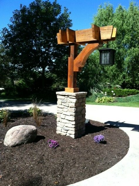 Rustic Light Post Outdoor, Lamp Post Landscaping, Driveway Columns, Light Post Landscaping, Driveway Posts, Stone Mailbox, Rustic Mailboxes, Driveway Entrance Landscaping, Farm Entrance