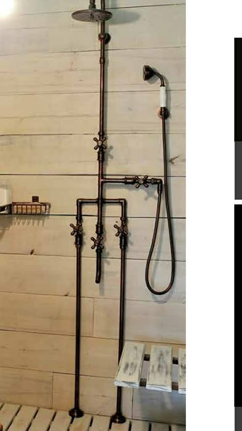 Rustic Shower Head Ideas, Shower With Exposed Plumbing, Industrial Shower Ideas, Exposed Pipes Bathroom, Wood Bathroom Ceiling, Exposed Plumbing Bathroom, Exposed Shower Plumbing, Wall Lights Bathroom, Bathroom Decor Ideas Wall