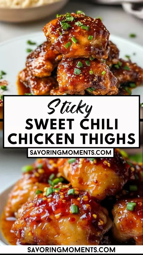 Chicken Recipes With Sweet Chili Sauce, Sticky Sweet Chili Chicken Thighs, Chicken Chunks Recipe Healthy, Spicy Sweet Chili Chicken, Sweet And Spicy Chicken Sauce, Yummy Chicken Thigh Recipes, Asian Chili Chicken, Thai Chili Chicken Recipes, Chicken Thigh Chunks Recipes