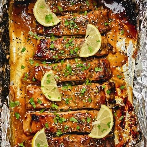 Baked Trout In Honey Mustard and Soy Sauce Glaze Trout Stew Recipes, Keto Trout Recipe, Oven Baked Rainbow Trout, Salmon Trout Recipes, Red Rainbow Trout Recipes, Trout Marinade Recipes, Sauce For Trout, Trout Recipes Pan Seared, Lake Trout Recipes Baked