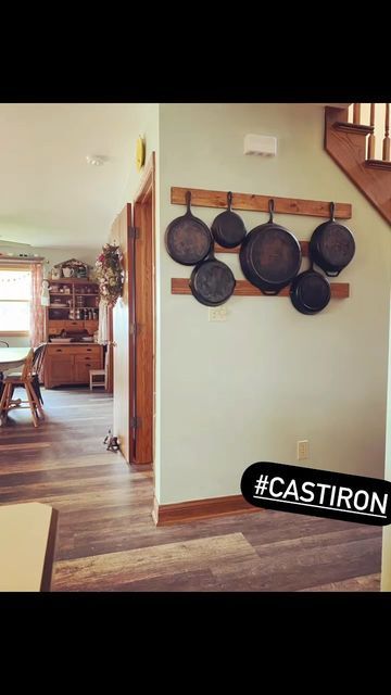 Half Organized Mom on Instagram: "I love my cast iron pans but they take up a lot of room. Wall storage is functional and pretty 🥘 #halforganizedmom #organizedmom #castironpans #castironstorage #wallstorage #functionalandpretty" Cast Iron Skillet Wall Display Ideas, Cast Iron Rack, Cast Iron Pan Holder, Cast Iron Skillet Wall Hanger, Pots And Pans Wall Storage, Cast Iron Pans On Wall, Storing Cast Iron Skillets, Hanging Pans On Wall, Cast Iron Skillet Hanging Ideas