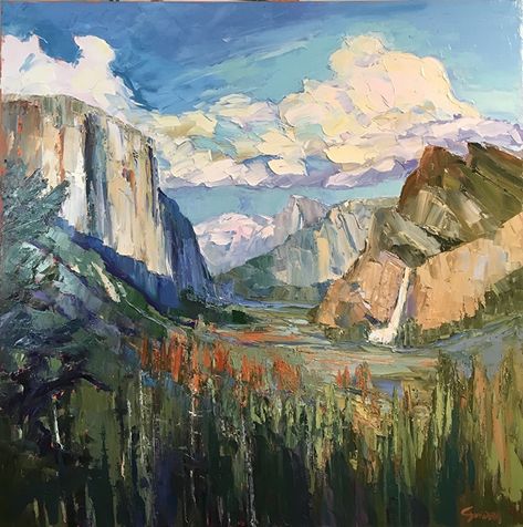 Yosemite Ahh by Cyndra Bradford Paintings Oil ~ 48" x 48" Yosemite Oil Painting, Yosemite National Park Painting, National Parks Painting, Yosemite Watercolor, Mantle Painting, Yosemite Painting, Yosemite Tunnel View, Apartment Posters, Mom Wallpaper