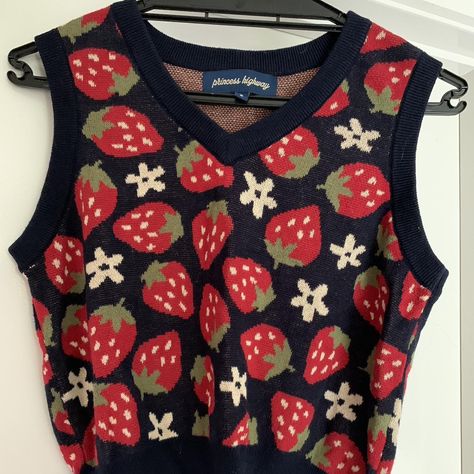 Dangerfield/Princess Highway Strawberry Vest 🍓... - Depop Dangerfield Clothing, Stawberry Vest, Strawberry Vest, Crochet Strawberry Vest, Strawberry Legwarmers, Fairy Vibe, Red Sleeveless Top With Strawberry Print, Personality Change, Strawberry Cardigan