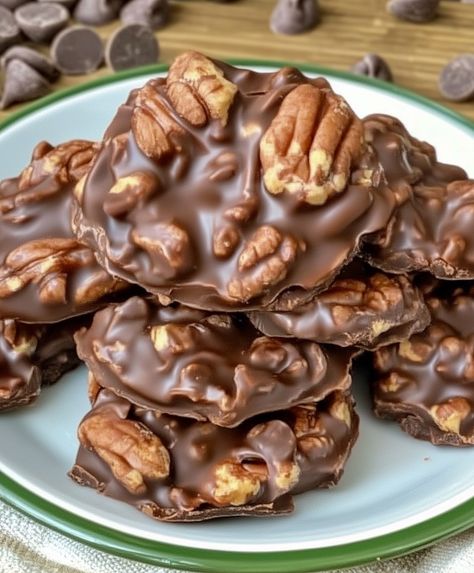 Chocolate Pecan Turtle Clusters - Valerie Recipes Chocolate Pecan Clusters, Chocolate Pecan Turtle Clusters, Pecan Turtle Clusters, Turtle Clusters, Pecan Clusters, Cowboy Cookie Recipe, Turtles Candy, Pecan Turtles, Coconut Cookies Recipes